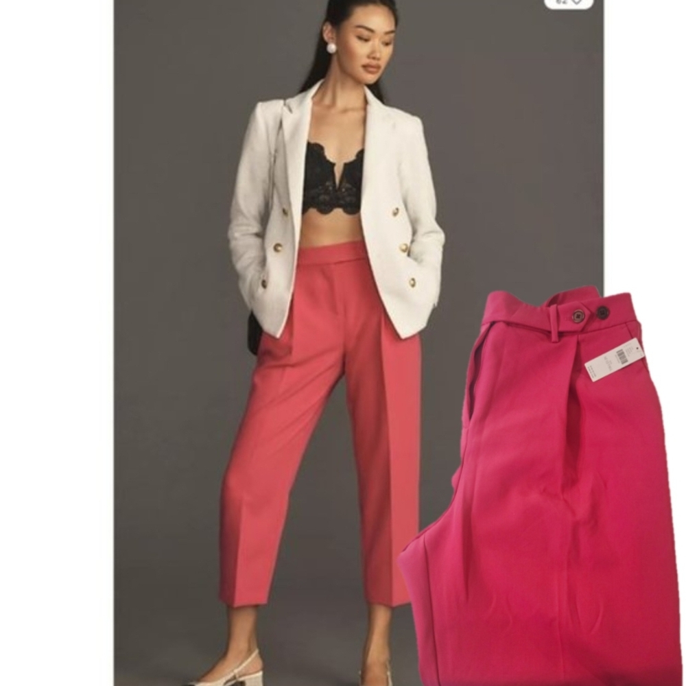 Anthropologie Maeve Tapered Pleated Trousers Barbie Pink Women Size 12 Tall NWT